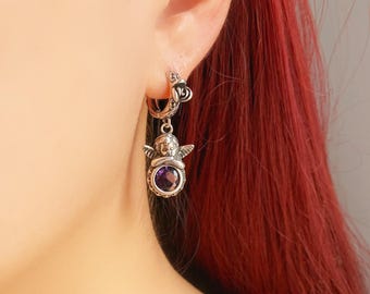 S925 Sterling Silver Angel Wings Earrings | Amethyst Talisman Dangle Earrings | Unique Gothic Dark Fairy Tale Doll Earrings | Gift for Her