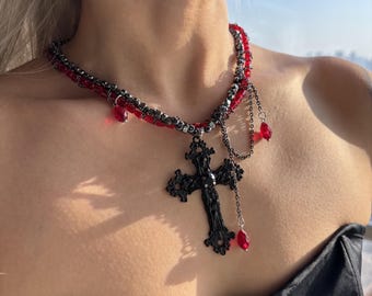 Gothic Cross Choker Necklace with Red Crystals | Vampire & Pagan Jewelry | Mortality Jewelry | Perfect Gift for Girlfriend