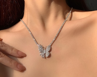 Sparkling Butterfly Pendant Necklace | Fairy Whimsical Butterfly Jewelry | Coquette Korean Fashion Everyday Wear Accessory | Gift For Her