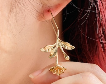 Gold Freesia Flower Earrings | Floral Botanical Drop Earrings | Nature Inspired Dangle Earrings | Handmade Elegant Earrings | Gift for Her