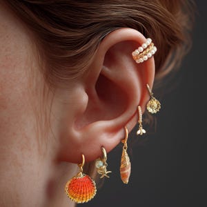 6 pcs Ocean Inspired Earrings Set | Seashell, Starfish & Conch Dangle Earrings | Pearl Ear Cuff | Beach Jewelry Gift Set | Vacation Earrings