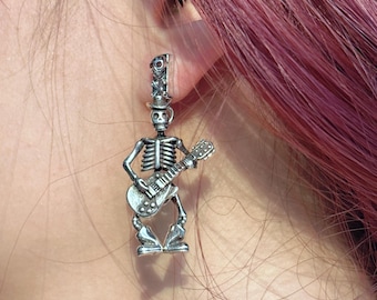 925 Sterling Silver Guitar Skull Earrings, Punk Rock Jewelry, Music Lover Gift, Bronze Skull Earrings, Unique Gift for Her