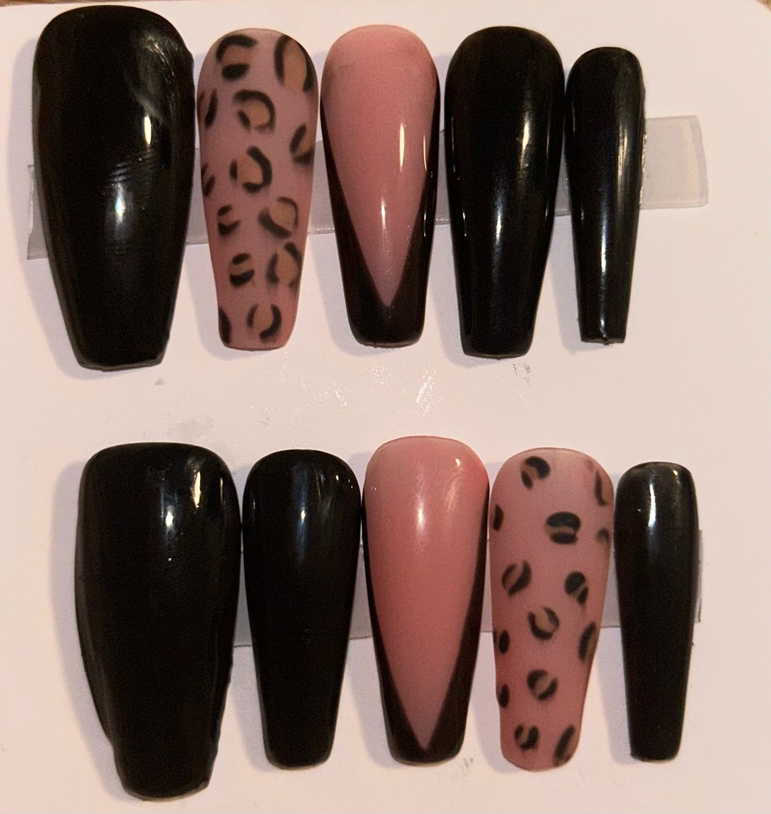Long Coffin Nails With Black and Cheetah Print Designs - Etsy