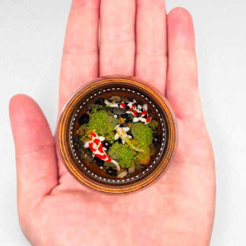 Adorable Realistic Koi Fish in a Miniature Wood Teacup, Handmade Lifelike Resin Art for Gifts, Keepsake, Home, Office Decoration