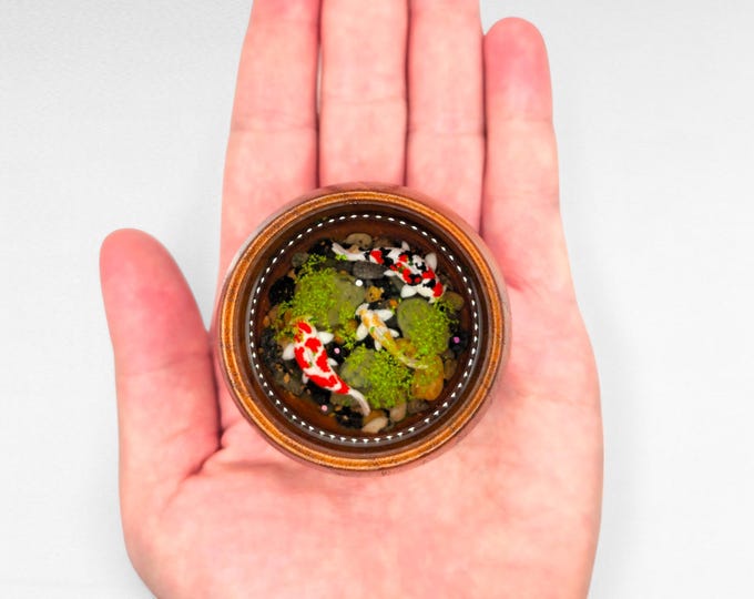 Adorable Realistic Koi Fish in a Miniature Wood Teacup, Handmade Lifelike Resin Art for Gifts, Keepsake, Home, Office Decoration