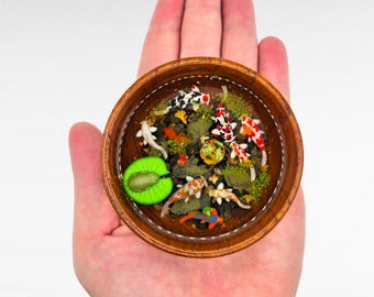 Miniature Koi Fish Pond in a Medium Wood Bowl, Handmade Realistic Resin Art for Birthday Gift, Home, Office Decor Accent