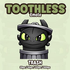 Peut inclure: Une illustration numérique d'un personnage de dragon noir aux yeux vert vif, portant un couvercle de poubelle gris sur la tête et assis dans une poubelle grise. Le texte indique TOOTHLESS Emote, TRASH, et 28px/56px/112px/500px.