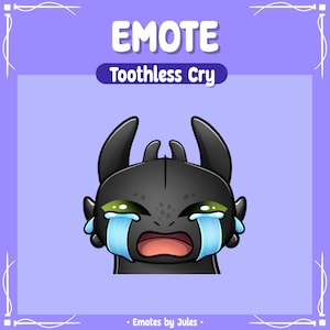 Peut inclure: Un dragon de dessin animé noir et vert avec des larmes bleues qui coulent sur son visage. Le dragon pleure et a la bouche grande ouverte. Le texte "EMOTE Toothless Cry" est au-dessus du dragon.
