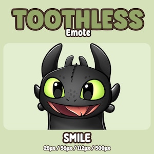 Peut inclure: Illustration numérique de Krokmou de « Dragons », souriant. Le dragon noir a de grands yeux verts et une langue rose. Le mot « TOOTHLESS » est au-dessus de l'image, et « Emote » est en dessous. Le mot « SMILE » est en bas.