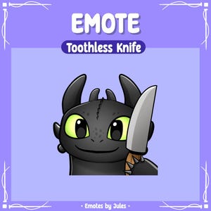 Peut inclure: Un dragon de dessin animé noir et vert avec un sourire narquois tient un couteau argenté avec un manche en bois. Le texte "EMOTE Toothless Knife" est au-dessus du dragon.