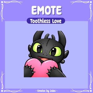 Peut inclure: Une illustration de dessin animé d'un dragon noir tenant un cœur rose. Le dragon a les yeux verts et une expression joyeuse. Le texte "EMOTE Toothless Love" est au-dessus du dragon.