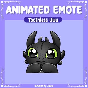 Peut inclure: Emote animé représentant un dragon noir avec de grands yeux verts expressifs et une expression inquiète. Le texte "Toothless Uwu" est au-dessus du dragon, avec "Animated Emote" au-dessus. Le fond est de couleur violet clair. Le nom de l'artiste, "Emotes by Jules", est en bas.