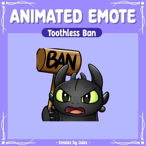 Peut inclure: Émoticône animée de Krokmou, un dragon noir de la série « Dragons » tenant une pancarte en bois sur laquelle est inscrit « BAN ».