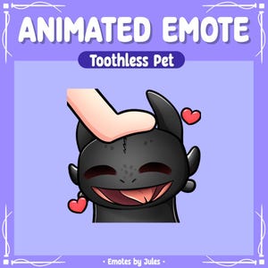 Peut inclure: Émoticône animée d'un dragon noir et gris sans dents de la série Comment dresser son dragon, avec une expression joyeuse et un cœur rose au-dessus de sa tête. Une main caresse la tête du dragon.