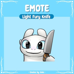 Peut inclure: Un dragon de dessin animé blanc aux yeux bleus tenant un couteau argenté avec un manche brun. Le texte "EMOTE Light Fury Knife" est au-dessus du dragon.
