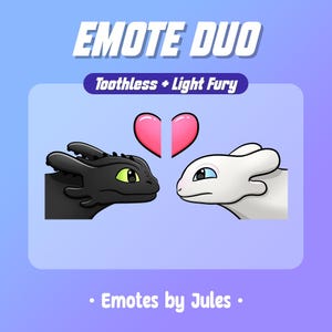 Peut inclure: Une illustration de dessin animé en noir et blanc de deux dragons se faisant face. Les dragons sont Krokmou et Furie Lumineuse, avec un cœur rose entre eux. Le texte "EMOTE DUO" est au-dessus des dragons, et "Toothless + Light Fury" est en dessous. Le texte "Emotes by Jules" est en bas de l'image.