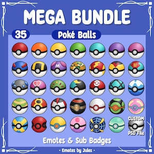 Peut inclure: Un ensemble de 35 émoticônes et badges d'abonnement Poké Ball colorés pour Twitch ou Discord. Les émoticônes sont disposées en grille et présentent divers designs, y compris un fichier PSD personnalisé.