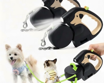 Odblaskowa, rozciągliwa smycz dla psa – patent na 360 stopni zapobiegający plątaniu się – dla dwóch psów, każdy o wadze do 22,5 kg i długości do 3 m. Opakowanie z podwójną blokadą, 1 sztuka (złota)