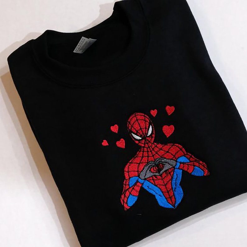 Embroidered Spiderman Sweatshirt, Love Embroidered Spiderman crew neck sweater, Embroidered Comic Characters embroidered Sweatshirt 