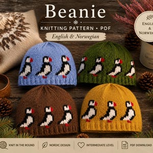 May include: Four knitted beanies in light blue, olive green, brown, and mustard yellow, each featuring a repeating pattern of puffin birds. The text reads Beanie, Knitting Pattern, PDF, English & Norwegian, Knit in the round, Nordic design, Intermediate level, PDF download.