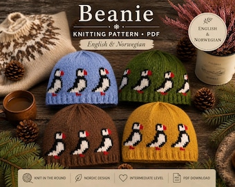 Modèle de bonnet Puffin à tricoter | Bonnet nordique Fair Isle | Bonnet d'hiver tricoté | Modèle PDF en anglais et norvégien