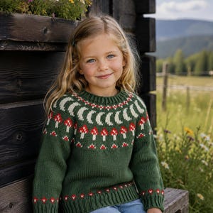 May include: A long-sleeve knit sweater in a deep forest green color featuring a circular yoke pattern with white crescent moon shapes and a row of red and white mushroom motifs, finished with ribbed cuffs and a ribbed crew neckline.