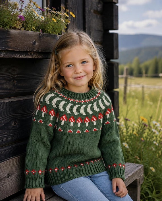 Kids Woodland Sweater Knitting Pattern 1–12 Years | Forest & Mushroom Nordic Yoke Pullover | Fair Isle Style PDF | English Knitting Pattern