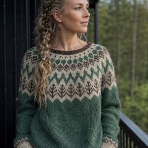 Engelskt stickmönster för en tröja med skogsmotiv – Nordisk oktröja, isländsk tröja (PDF)