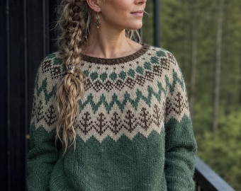 Modello di maglia in inglese per un maglione con motivo forestale – Maglione nordico con sprone, maglione in stile islandese (PDF)