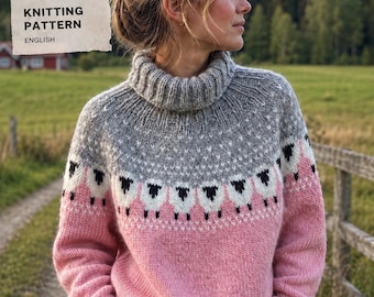 English Knitting Pattern for a Warm Wool Sheep motif Sweater – Thick Nordic Winter Pullover with Yoke (PDF)
