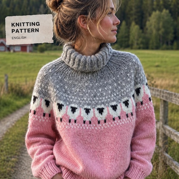English Knitting Pattern for a Warm Wool Sheep motif Sweater – Thick Nordic Winter Pullover with Yoke (PDF)