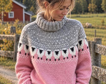 English Knitting Pattern for a Warm Wool Sheep motif Sweater – Thick Nordic Winter Pullover with Yoke (PDF)