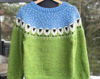 Modèle de tricot anglais pour un pull à motif de mouton — Pull à empiècement nordique (PDF)