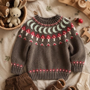 May include: A dark brown long-sleeve knit sweater featuring a round neckline with a ribbed collar. The yoke displays a pattern of light green crescent moons above a row of red and white mushrooms. The cuffs and hem also feature ribbed detailing.