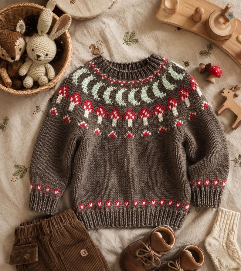 May include: A dark brown long-sleeve knit sweater featuring a round neckline with a ribbed collar. The yoke displays a pattern of light green crescent moons above a row of red and white mushrooms. The cuffs and hem also feature ribbed detailing.