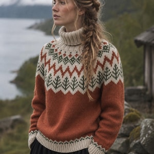 Puede incluir: Un suéter de cuello alto y manga larga con una base de color naranja óxido, con canesú y dobladillo en color crema. La prenda presenta un patrón repetitivo de pinos verde oscuro y líneas en zigzag naranja óxido en el pecho y los hombros.