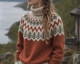 English Knitting Pattern for a Warm Rust Wool Sweater – Nordic Winter Turtleneck Pullover with Forest Yoke (PDF)