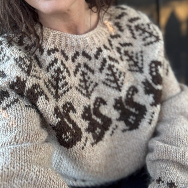 Light beige Handmade Squirrel Sweater– Icelandic Wool Lopapeysa, Cozy Nordic Knit Pullover, The Whispering Forest Sweater . Ready to ship