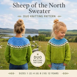 May include: A knitting pattern titled Sheep of the North Sweater Duo Knitting Pattern for sizes 1 (2) 4 (6) 8 (10) 12 years. The image displays a long-sleeved sweater with a green body, blue yoke, and a white sheep motif pattern around the chest.