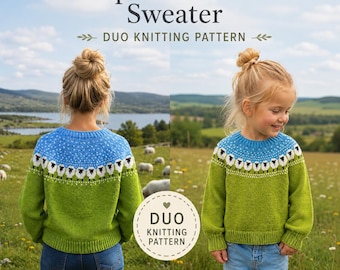 DUO FAMILY Sheep Sweater Knitting Pattern PDF | Adult & Kids Sizes | Nordic Yoke Pullover | English Pattern