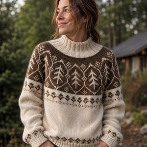 Könnte beinhalten: Ein cremefarbener Strickpullover mit hohem Rippkragen und einer braunen Passe, die mit einem sich wiederholenden Muster aus stilisierten Tannenbäumen und geometrischen Formen verziert ist. Das langärmelige Kleidungsstück hat gerippte Bündchen.