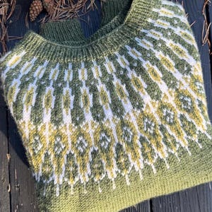 Può includere: Un maglione in maglia a maniche lunghe con scollo rotondo e colletto a coste. Il capo presenta un motivo geometrico ripetuto sullo sprone nei toni del verde oliva, giallo chiaro e bianco, su una base in tinta unita verde oliva.