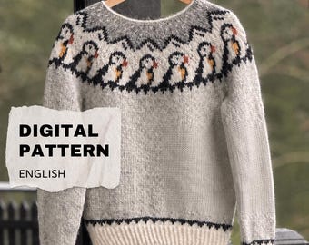 English Knitting Pattern for a Puffin Motif Sweater — Nordic Yoke Pullover (PDF)