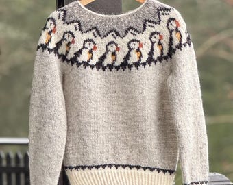 English Knitting Pattern for a Puffin Motif Sweater — Nordic Yoke Pullover (PDF)
