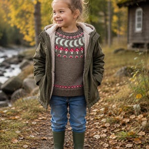 May include: A brown knit sweater featuring a yoke pattern of light green crescent moons and red mushrooms, worn under an olive green hooded jacket with a cream-colored fleece lining, paired with blue denim jeans and olive green rubber rain boots.