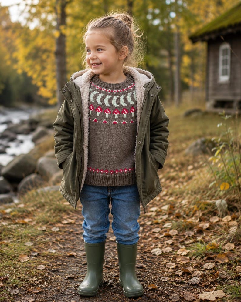 May include: A brown knit sweater featuring a yoke pattern of light green crescent moons and red mushrooms, worn under an olive green hooded jacket with a cream-colored fleece lining, paired with blue denim jeans and olive green rubber rain boots.