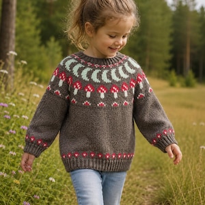 May include: A dark brown long-sleeve knit sweater featuring a round neckline with a ribbed collar. The yoke displays a pattern of light green crescent shapes above a row of red and white mushroom motifs, with additional red mushroom details at the cuffs.