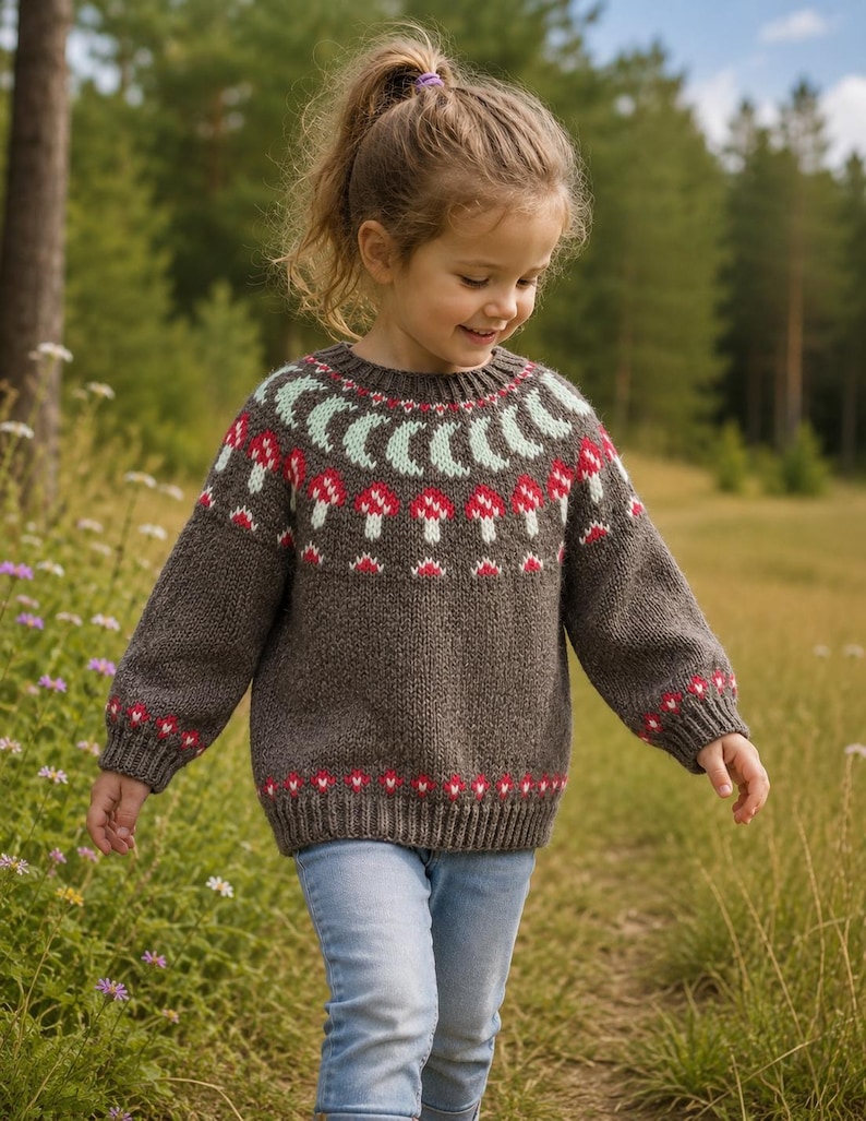 May include: A dark brown long-sleeve knit sweater featuring a round neckline with a ribbed collar. The yoke displays a pattern of light green crescent shapes above a row of red and white mushroom motifs, with additional red mushroom details at the cuffs.