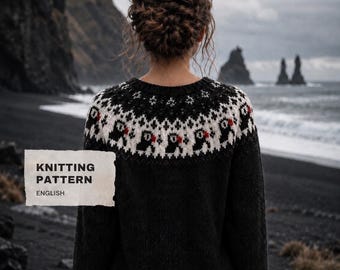English Knitting Pattern for a Puffin Motif Sweater — Nordic Yoke Pullover (PDF)