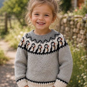 May include: A light gray long-sleeve knit sweater featuring a circular yoke pattern with repeating puffin bird motifs in black, white, and orange. The sweater has a ribbed crew neckline, ribbed cuffs, and a ribbed hem in a contrasting cream color.